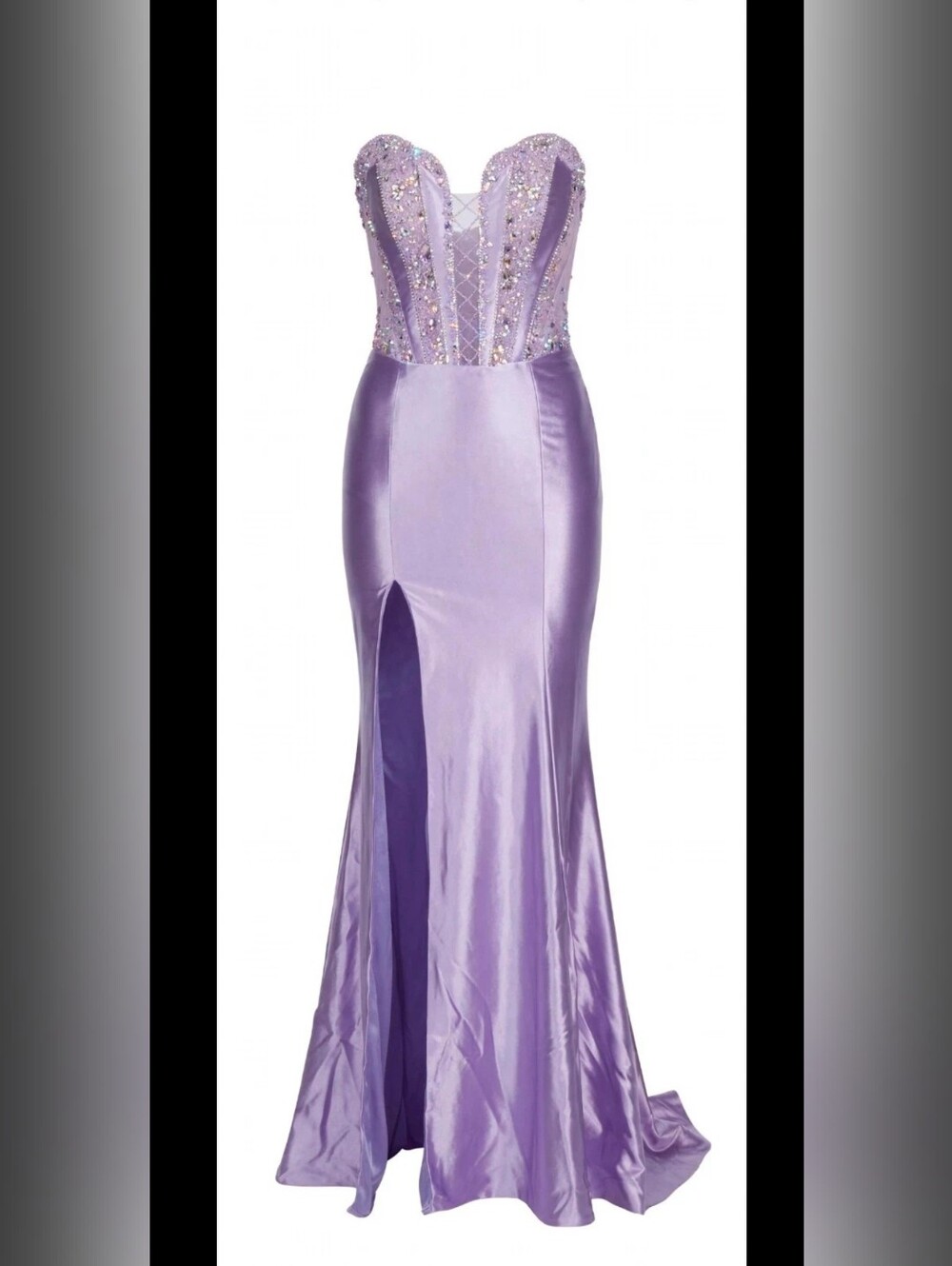 8-Portia & Scarlett PS25235 Purple Strapless Crystal Corset Gown High Slit NWT
